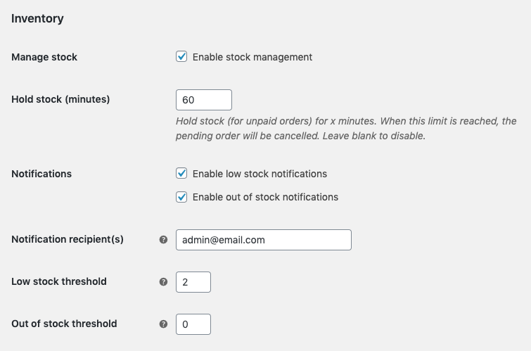 Product Stock Settings