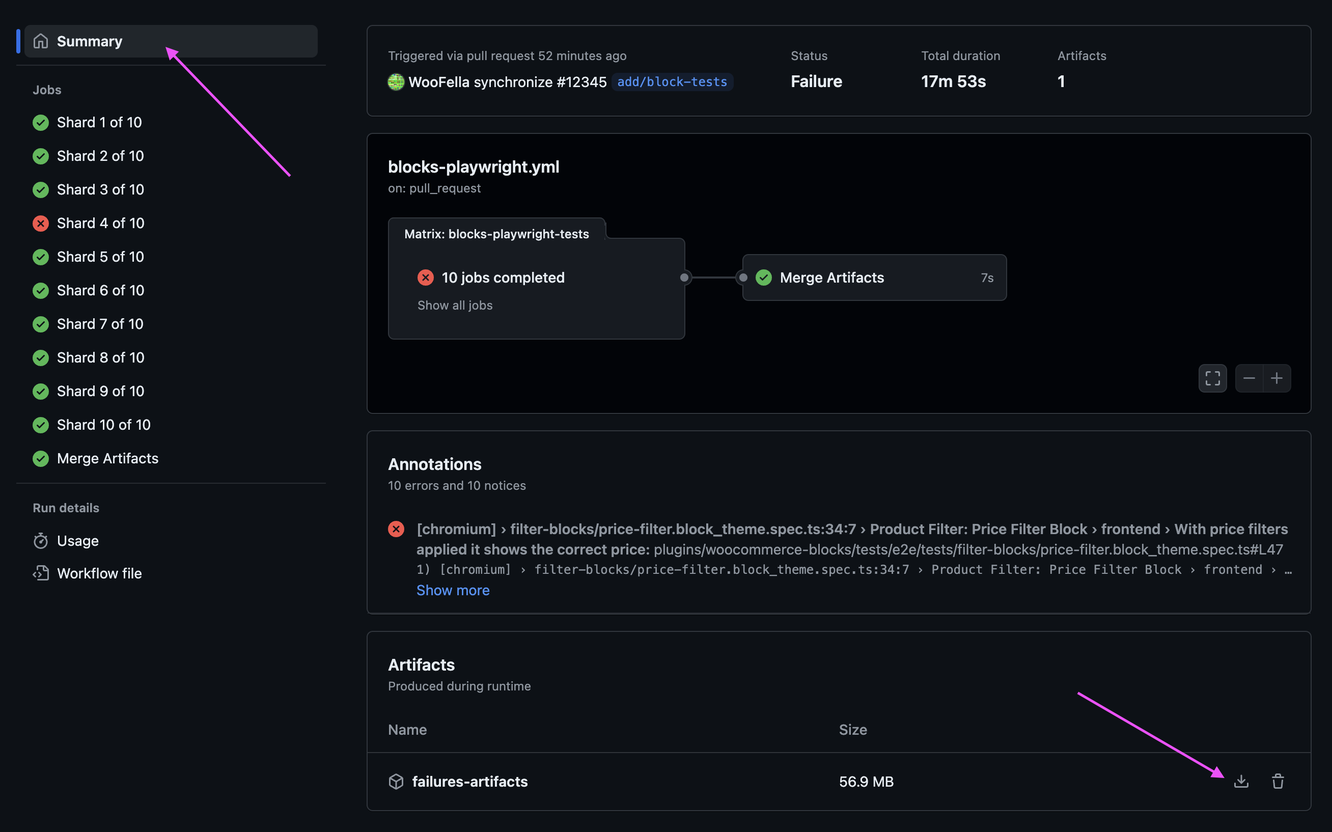 Summary page of the Blocks end-to-end tests job