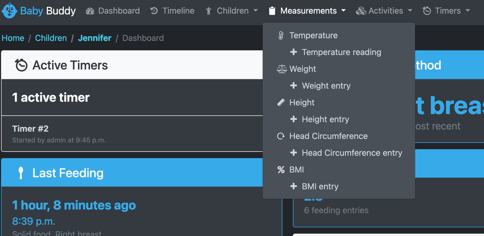 Baby Buddy measurements menu