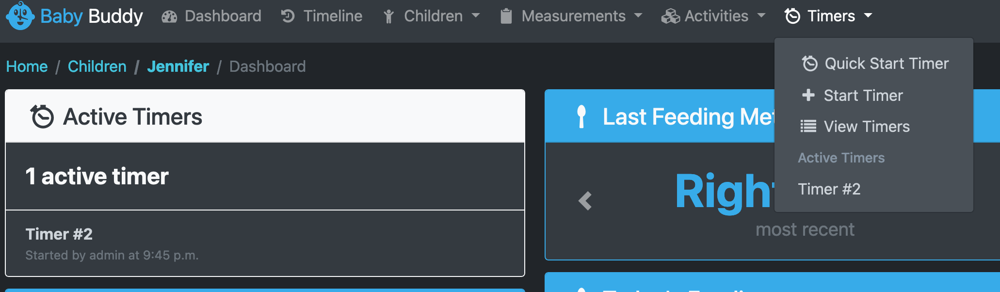 Baby Buddy timers menu